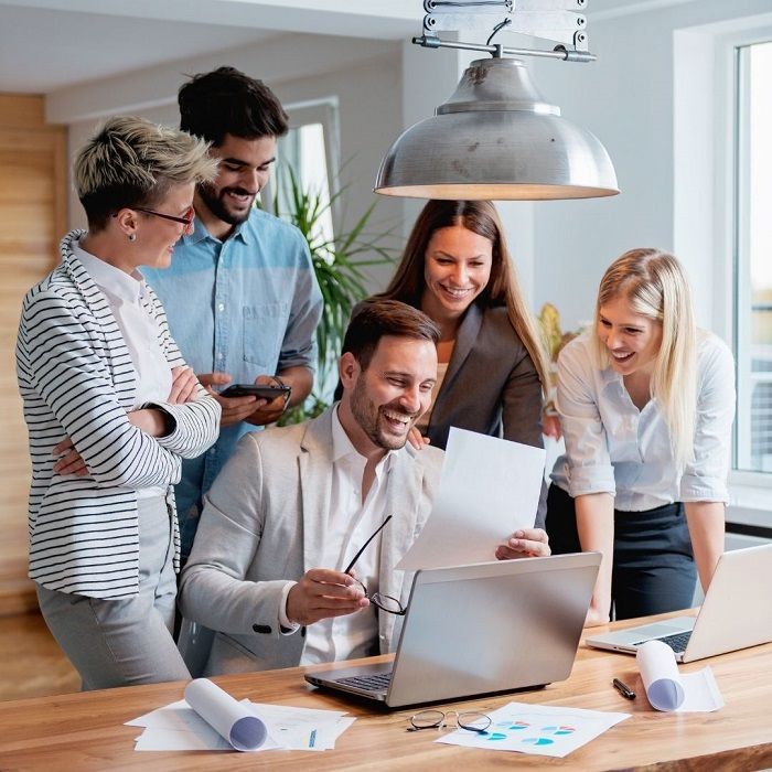 Abstract illustration representing collaborative team dynamics in a modern workplace